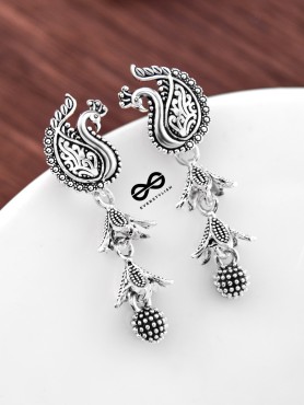 The Double Layered Peacock Jhumkis - Oxidised Boho Earrings