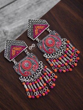 The Multilayered Meenakari Statement Makers (Orange-Pink) - Embroidered Oxidised Collection