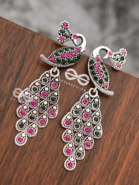 The Shimmery Peacock Danglers - Embellished Oxidised Collection