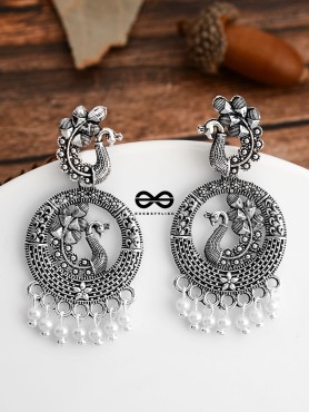 An Intricate Peacock Artwork - Oxidised Boho Earrings
