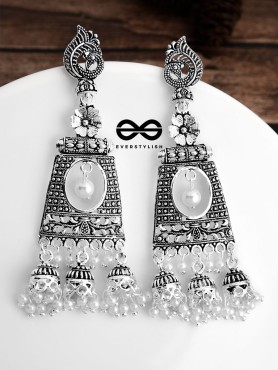 An Intricate Peacock Artwork Triple Jhumkis - Oxidised Boho Earrings