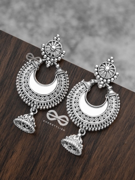 The Intricate Mirror Moon Jhumkis - Oxidised Boho Earrings