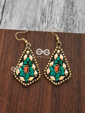 A Handcrafted Delight - Golden Turquoise Tribal Style Earrings