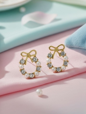 Pearl-fect Bows - Pearl and CZ Stone Studded Golden Earrings