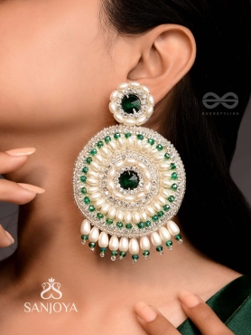 Advaita- The Unique Sphere- Emerald Green Stone, Pearls, and  Glass Beads Embroidered Earrings