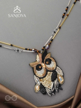 Shakuneya - The Owl King -  Sequins And Cutdana Hand Embroidered Necklace (Ebony Black And Golden)