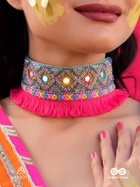 Nirmoka- The Pink Sky- Mirrors, Resham and Lace Embroidered Choker Necklace