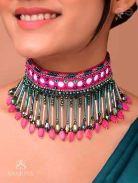 Srava- The Rose Cascade- Glass Beads & Mirror Lace Embroidered Choker Necklace