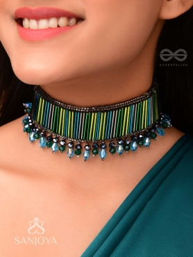 Vapraa- The Flower Bed- Glass Beads & Glass Drops Embroidered Choker Necklace