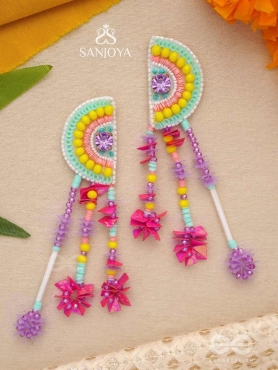 Vibhaasin - Decorated With Flowers- Stones & Sequins Hand Embroidered Earrings