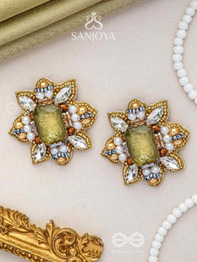 Dyauta -  Star Like Glow - Stone And Beads Hand Embroidered Stud Earrings