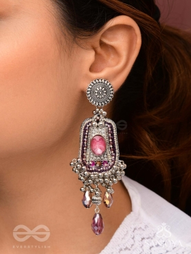 Parmeshthyam - The Fuchsia Royalty - Stone, Beads And Glass Drops Hand Embroidered Oxidised Earrings 