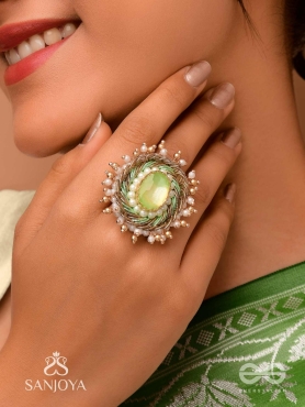 Dyutaka - The Enchanted Forest - Stone And Beads Hand Embroidered Ring (Adjustable)