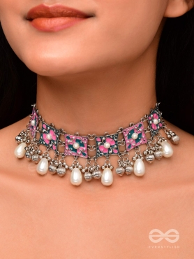 Blushing Blue Haze - Enamelled Oxidised Neckpiece