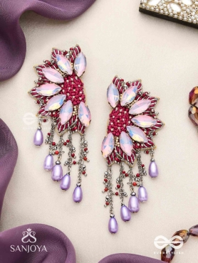 Ardhikrit- The Rosewood Halves- Stones, Resham And Glass Drops Hand Embroidered Earrings