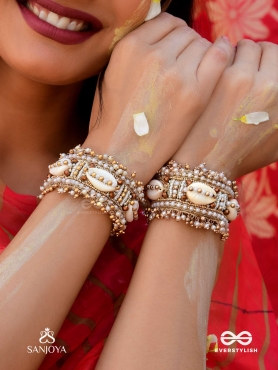 Lavnakar- The Coast Of Treasures- Shells And Beads Hand Embroidered Bangles (Set Of 2)