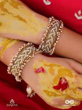 Kapardak - The Angel Braids - Beads, Shells And Glass Drops Hand Embroidered Cuff Bracelets (Set Of 2)