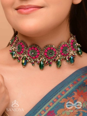 Sankirnau - The Floral Vine - Resham, Beads, Sequins And Glass Drops Hand Embroidered Choker Neckpiece