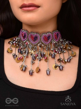 Prageet - Song Of The Hearts - Resham, Dabka, Beads And Coins Hand Embroidered Oxidised Choker Neckpiece