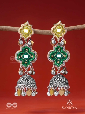 Aranyaj - Song Of The Forest - Beads, Dabka And Coins Hand Embroidered Oxidised Jhumka Earrings