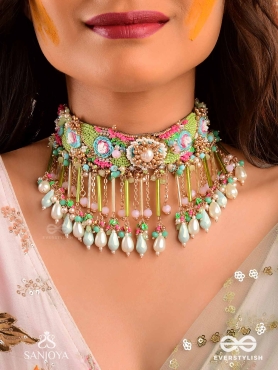 MANJUSUMANA - BEAUTIFUL BLOSSOM - BEADS, SEQUINS AND PEARL DROPS HAND EMBROIDERED CHOKER NECKPIECE