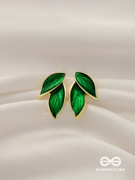 Petals Panache - Golden Enamelled Earrings (Green)
