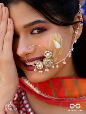 Haimavat - The Pearl Trail - Pearls And Beads Hand Embroidered Nath (Non-Piercing)