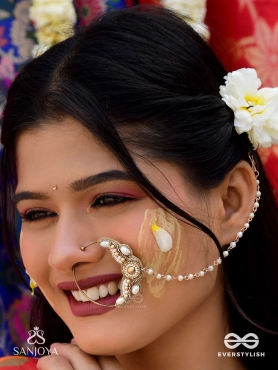 Varchasam - The Treasured Radiance - Pearls, Beads And Dabka Hand Embroidered Nath (Non-Piercing)