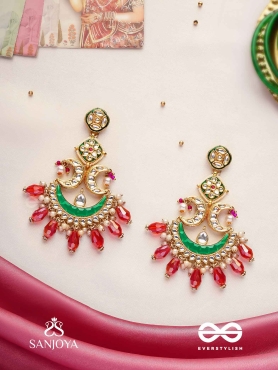 CHANDRAPRIYA " BELOVED OF THE MOON" GOLD LIKE DESIGN WITH A BLEND OF PEARLS, KUNDAN, VIBRANT RED DROPS AND CRESCENT MOTIFS