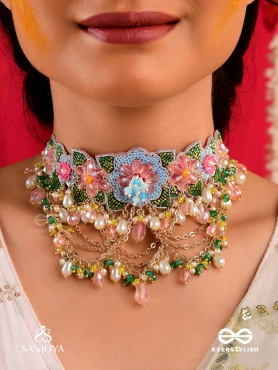 MADHUVRATA - SPRING BLOOM - DELICATE EMBROIDERED CHOKER WITH FLORAL MOTIFS, BEADS AND PEARL DROPS