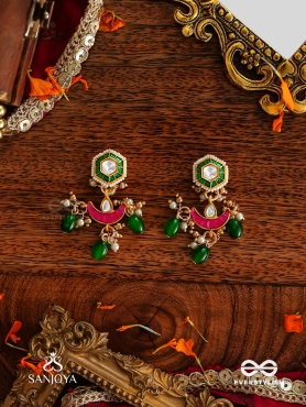 SHASHIRATNA- JEWEL OF THE MOON- KUNDAN EARRINGS INSPIRED BY THE MOON’S RADIANCE WITH PEARLS AND  GREEN DROPS