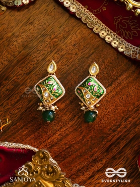 VANASHREE - QUEEN OF THE FOREST- MESMERIZING EARRINGS WITH VIBRANT GREEN AND GOLDEN ACCENTS, ADORNED WITH KUNDAN AND PEARLS