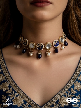 SHITALA - COOL AND CALM- KUNDAN, BLUE STONES, AND PEARLS HANDMADE NECKLACE 