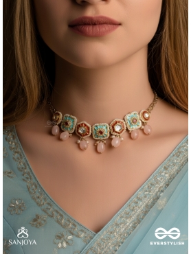 PUSHPAKSHI - BLOSSOMING BEAUTY - DELICATE KUNDAN MULTI-TONED ENAMEL CHOKER WITH DAINTY GEMSTONE DROPS