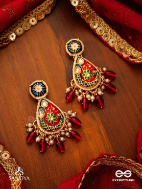 SUVARNAPUSHPA - GOLDEN BLOSSOM - LUXURIOUS HERITAGE KUNDAN EARRINGS WITH RED AND BLUE ENAMEL WORK, PEARLS AND BEADS