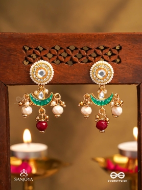 INDURAGA - MELODY OF THE MOON - ROYAL KUNDAN EARRINGS WITH CRESCENT MOTIFS AND RUBY DROPS