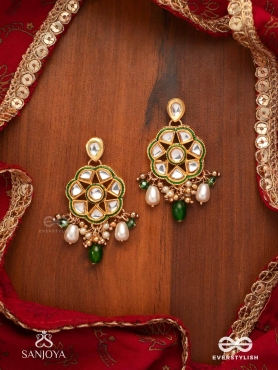 TARALYA - GENTLE RADIANCE- MINIMAL KUNDAN EARRINGS WITH GREEN DROPS AND PEARLS