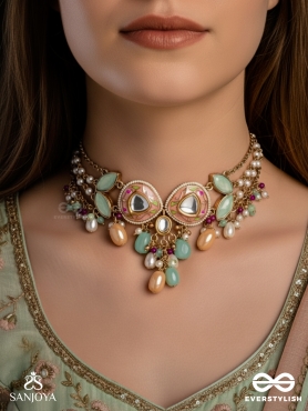 VASANTILATA - SPRING VINE- CHARMING PASTEL KUNDAN NECKLACE WITH GEMSTONES, BEADS AND PEARL DROPS