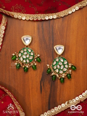 ARUNODAYA - DAWN RAYS- SYMMETRICAL KUNDAN POLKI EARRINGS WITH EMERALD GREEN ENAMEL ACCENT, PEARLS AND BEADS