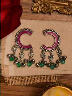 CRESCENT BLOOM – OXIDISED ENAMELLED EARRING WITH FLORAL CHARMS