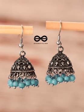 The Little Boho Oxidised Jhumkas (Blue) - Oxidised Boho Earrings