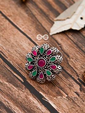 The Scarlett Ring (Adjustable) - Ruby-Emerald - The Embellished Oxidised Collection