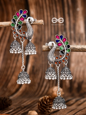 The Enamelled Peacocks Triple Jhumki Statement Earrings - Blue-Pink-Green-Brown