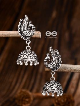 The Intricate Artistic Peacock Jhumkis - Oxidised Earrings