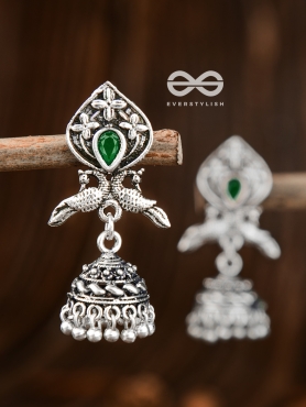 The Twin Peacock Artwork Jhumkis (Emerald Green) - Embellished Oxidised Collection
