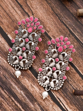 The Pretty Peacock Artwork - Oxidised Boho Earrings - Pink
