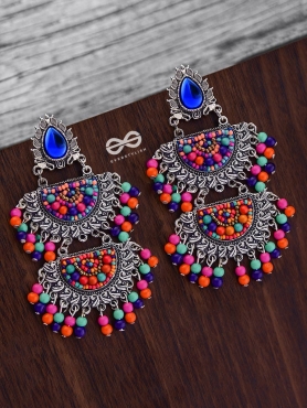 The Multilayered Elegance (Multicolour) - Embroidered Oxidised Earrings