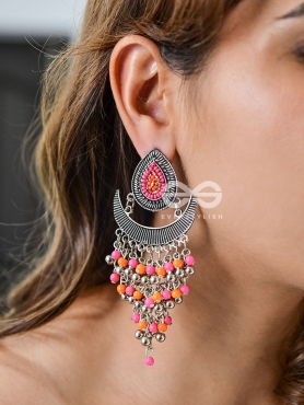The Droplet Jhaalar Earrings (Orange-Pink) - The Embroidered Oxidised Collection