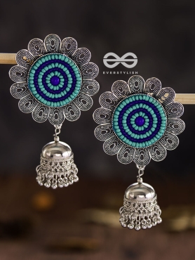 The Beaded Bohemian Flower Jhumkas (Blue) - Embroidered Oxidised Collection