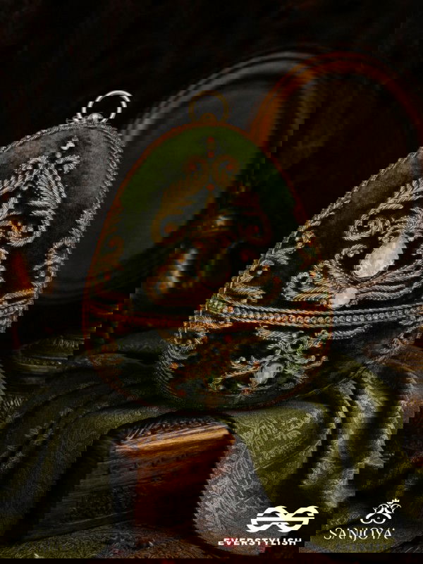 SABREEN - OVAL DEEP OLIVE GREEN VELVET HANDLE CLUTCH WITH RICH HAND DETAILING AND GOLDEN METAL FRAME